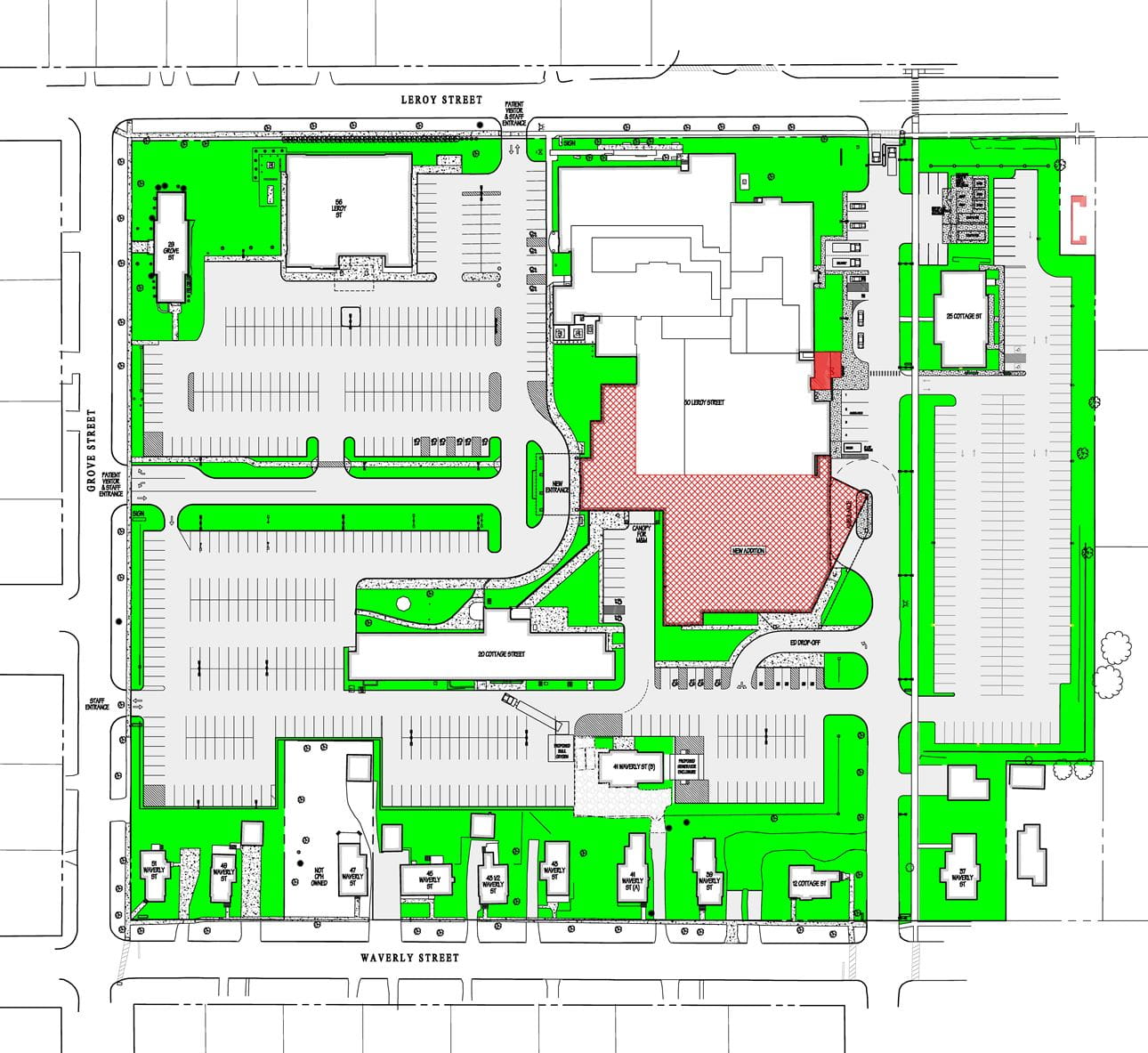 (Above) The section in red indicates the proposed expansion portions of the project; the new Main Entrance, and enlarged Emergency Department. [draft]
